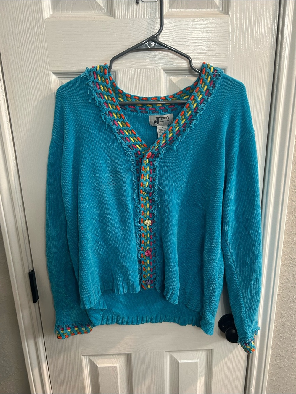 Vtg 1990s J Two New York Torquiose Blue Chenille Cardigan Colorful Accents sz L